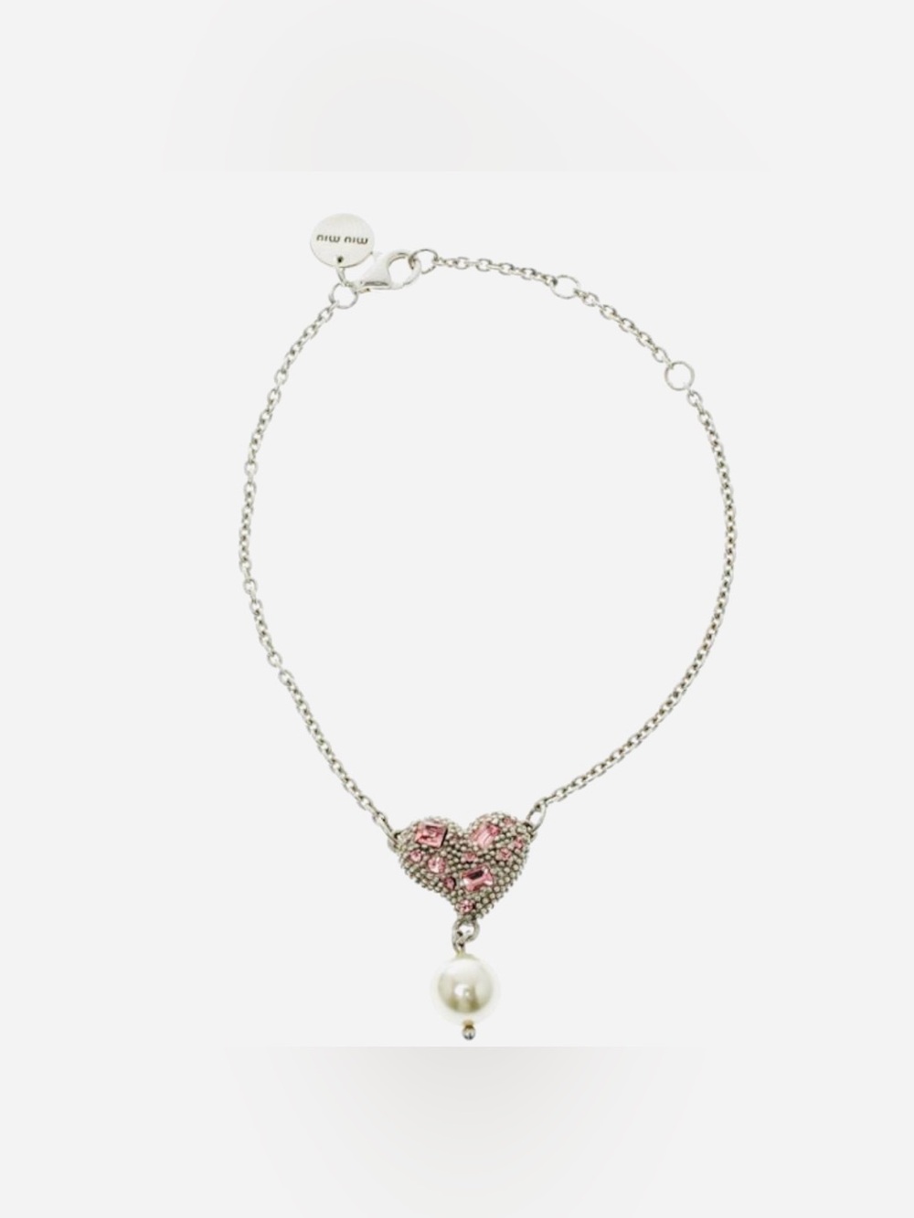 Miu Miu Crystal Faux Pearl Heart Silver Chain Bracelet